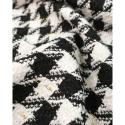 Tissu Tweed Bouclettes pied de poule noir blanc et or